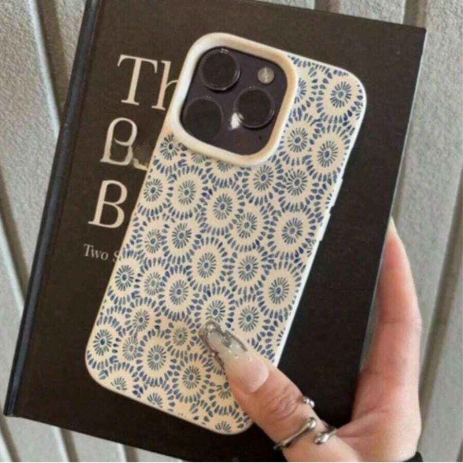 1个TPU材质蓝色花卉图案清新设计手机壳，兼容 17 Pro Max/16/15/14/13/12，时尚保护壳 - 白色 - 查看 1