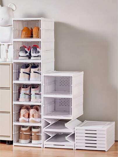 1pc 3/6 Tier Foldable Shoe Box, Breathable Plastic Shoe Storage Box, Dust-Proof Home Organizer Box, Large Capacity, Space-Saving, Easy Assembly, Fabric Shoe Box, Suitable For Home Hallway, Dorm And Apartment