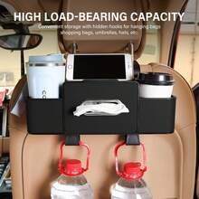 3-In-1 Car Rear Seat Organizer Bag, Multi-Functional Car Seat Back Storage Box, Multi-Functional Car Rear Seat Storage Organizer Bag - With 2 Cup Holders, Tissue Box, And Hooks. - Black - View 3