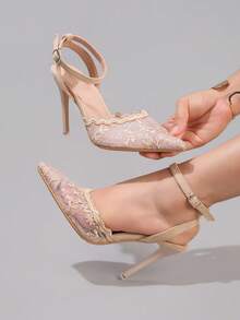 时尚蕾丝刺绣高跟鞋，性感尖头超高跟派对鞋，婚礼仪式女士细高跟凉鞋 - 杏色 - 查看 6
