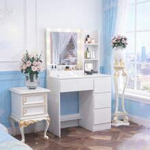 Large Dressing Table Dresser Vanity Set + 10LED Bulbs Mirror For Christmas Gifts - White - View 6