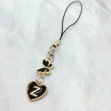 1pc Metal Heart & English Letter A-Z Pendant Phone Lanyard, Black Vintage Style A-Z Letter & Elegant Butterfly Phone Charm