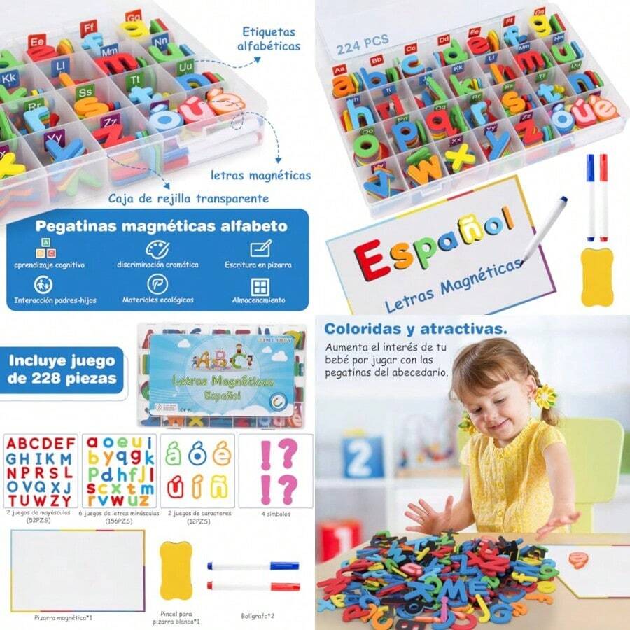 Juego de Letras Magneticas en Español Alfabeto Magnetico de 224 Piezas Material Montessori Didactico para Hogar y La Escuela con 2 Plumones y Borrador Juguetes Educativos para Niños de 3-8 AñosDuradero y cultiva el interés de los niños - Multicolor - Ver 1