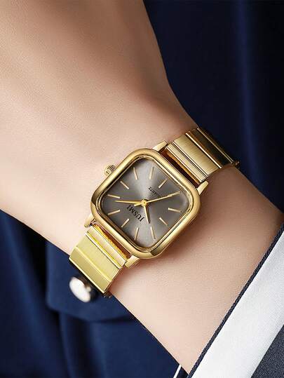 1件 JUSMI 女士方形全金属表带复古腕表，简约奢华石英表，适合日常佩戴或作为礼物，适合圣诞节、情人节、斋月、开斋节、狂欢节和其他节日。