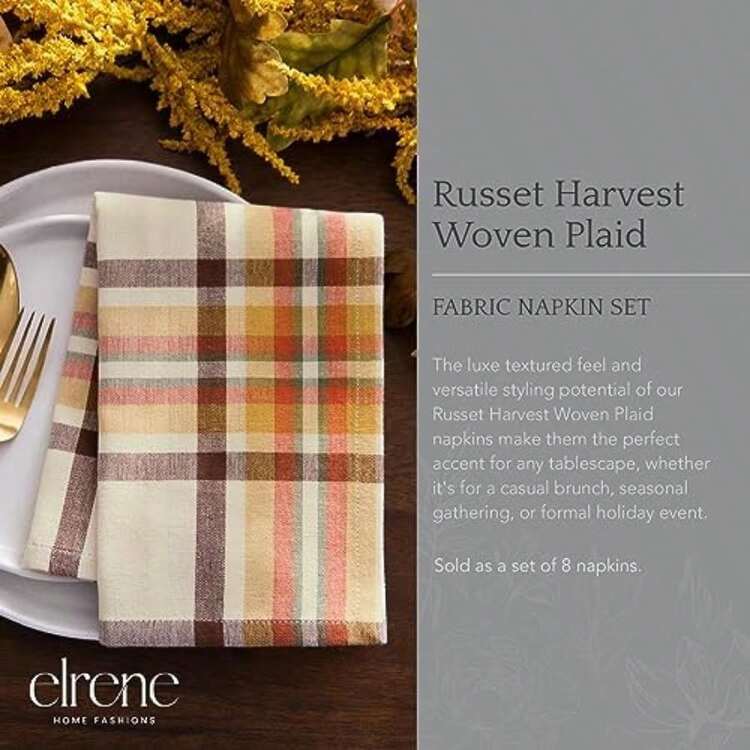 Home Fashions Russet - Mantel de algodón Tela a Cuadros para otoño/Acción de Gracias, Rectangular de 60 x 102 Pulgadas(43.2 x 43.2 cm (Juego de 8) Multicolor) - Multicolor - Añade 2