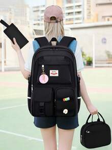 1 Set Solid Color (Plush Pendant + Detachable Hook And Loop*2) Backpack Combo Set, Suitable For Outings And Work, Dual Zipper Design, Can Carry Laptop, Large Capacity, Back To School Gift - Multicolor - View 7