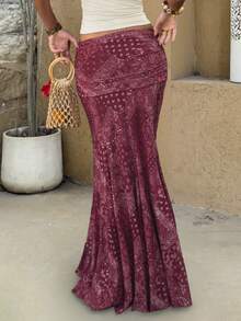 女士波西米亚风网纱A字长裙，休闲高弹佩斯利印花半身裙 - 酒紅色 - 查看 3