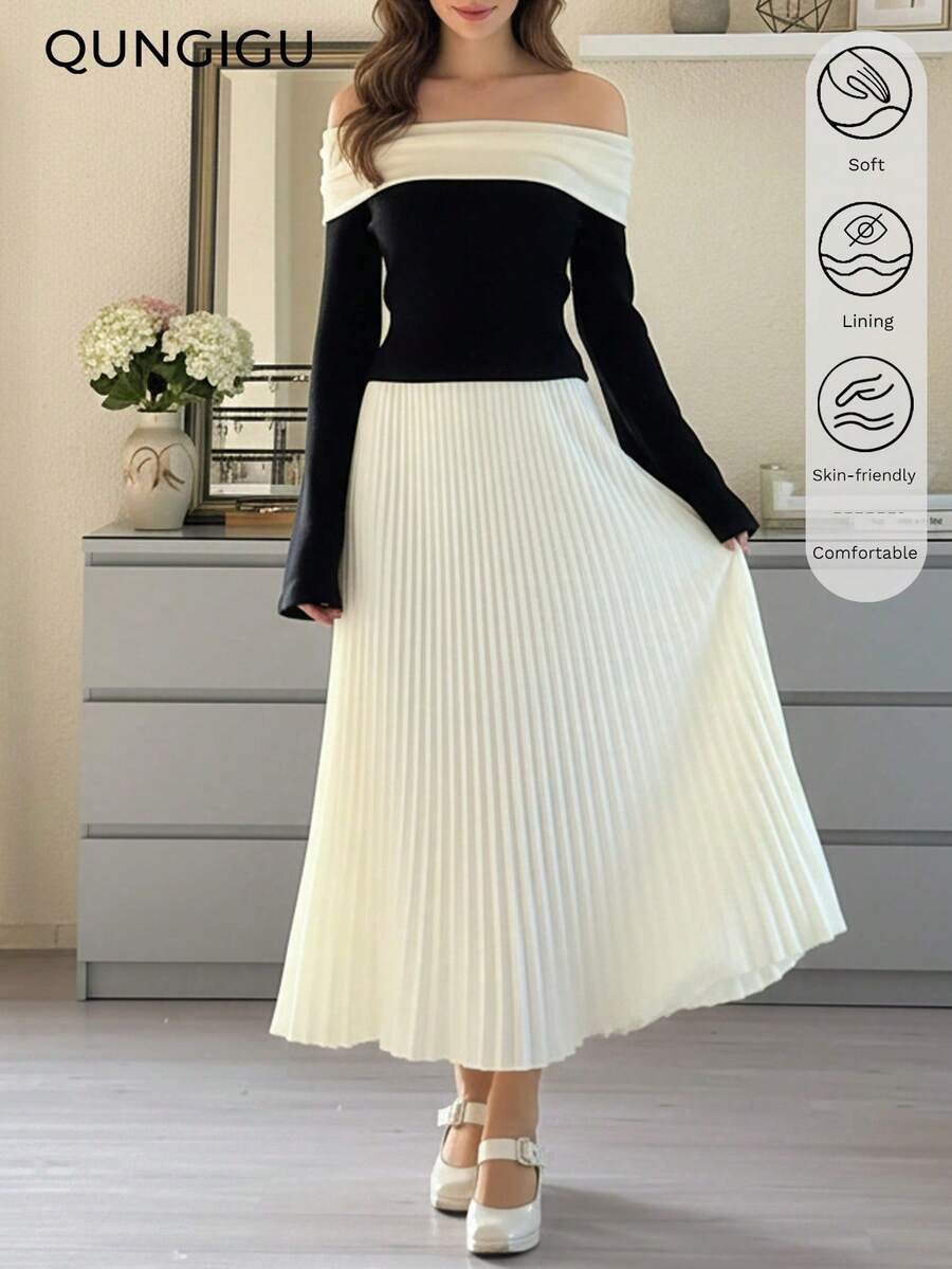 女士高腰百褶中长裙，优雅A字飘逸长裙，带衬里，柔软弹力腰带，休闲正装下装，适合工作、婚礼宾客和约会之夜。 - 白色 - 查看 1