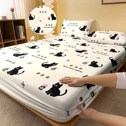 3pcs Minimalist Modern Style Bread Cat Print Flannel Bedding Set (1pc Fitted Sheet + 2pcs Pillowcases), Printed Bed Cover, Mattress Cover, Mattress Protector, Wrap, Suitable For Bedroom, Great Gift For Parents, Family, Friends, Festivals And Parties