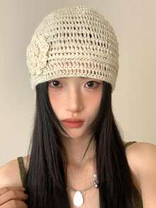 Women's Crochet Cap With Floral Accents, Cute And Sheer, Simple Design For Spring And Summer, Beige - Black - View 12