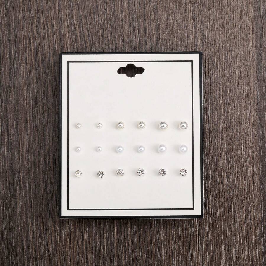 9对珍珠水钻耳钉套装，优雅女士耳环组合 - 彩色 - 查看 1