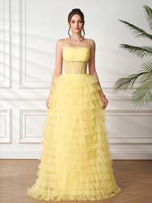 Layered Tulle Dress, High Waist Sexy Sheer Spaghetti Strap Cocktail Gown, Elegant Puff Cake Skirt Dress For Birthday Party, Wedding Guest, Cocktail Party - Yellow - View 1