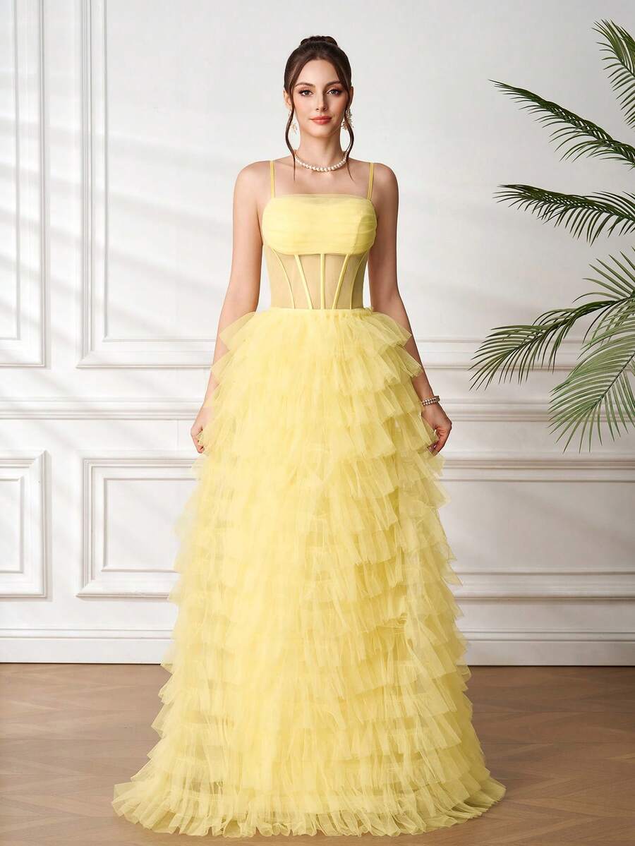 Layered Tulle Dress, High Waist Sexy Sheer Spaghetti Strap Cocktail Gown, Elegant Puff Cake Skirt Dress For Birthday Party, Wedding Guest, Cocktail Party - Yellow - View 1