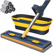2025 New Large Flat Mop With 6 Reusable Mop Head Dry And Wet Flat Mop And Bucket Set Adjustable Handle Self Wringing Flat Mops 360 Rotation Flat Mop Blue With 6pcs Mop Head - 藍色帶6個拖把頭 - 查看 1