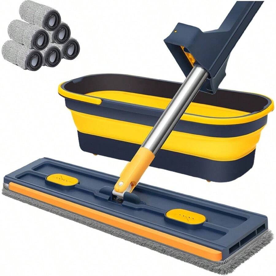 2025 New Large Flat Mop With 6 Reusable Mop Head Dry And Wet Flat Mop And Bucket Set Adjustable Handle Self Wringing Flat Mops 360 Rotation Flat Mop Blue With 6pcs Mop Head - 藍色帶6個拖把頭 - 查看 1