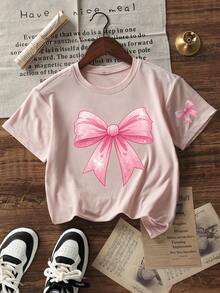 Girls & Teens Students Casual Pink Graphic Print Crew Neck Short Sleeve T-Shirt, Summer Top - Pink - View 3