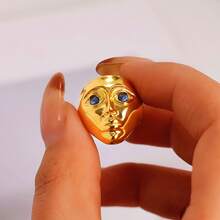 VKHK 1 pieza Anillo con diseño de cara chapado en oro de 18K de acero inoxidable, adecuado para uso diario y de fiesta de mujeres, regalo - anillo - Ver 6