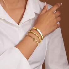 Set Of 3 Exquisite Women's Bracelets: Heart Knot Bracelet + Sparkly Bracelet + Twisted Rope Bracelet - Gold - View 3