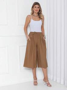 Plain Culottes With Two Elasticated Waist Pockets, Women's Linen, Knot Detail, Wedding Dress. - 卡其色 - 查看 1