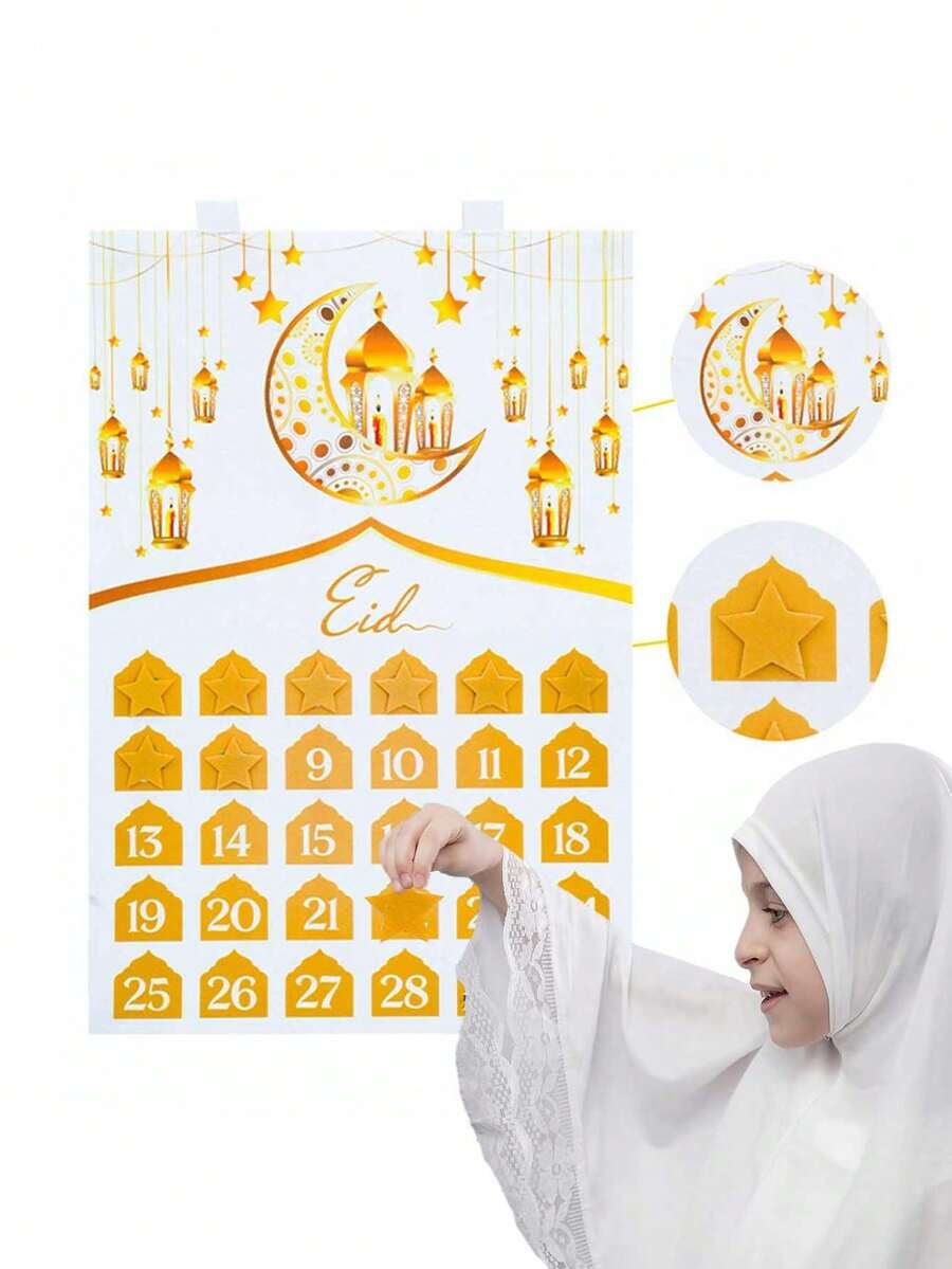 31 piezas/1 set - Calendario de Ramadán blanco y dorado, Calendario de cuenta regresiva de Eid (Edición de suministros para fiestas de Eid), Póster de calendario de llegada de Ramadán con 30 pegatinas de estrellas de cuenta regresiva, perfecto para bendiciones de Ramadán decoración de pared del hogar (El poste no está incluido). - Multicolor - Ver 1