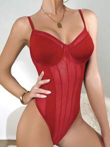 Sheer Mesh Deep V Spaghetti Strap Bodysuit With Waist Cincher, Thin See-Through Sexy Bodysuit For Layering - Burgundy - View 5