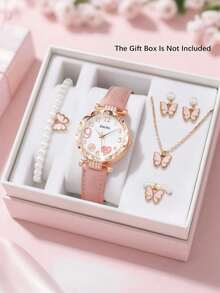 Conjunto de 6/5 piezas de relojes de cuarzo con forma de corazón y diseño de fuegos artificiales, elegante y de moda, adecuado para que las niñas lo usen. Combina bien con collares, pulseras, anillos y aretes con diseño de mariposa, perfecto para ocasiones de la vida diaria como volver a la escuela, reuniones y viajes. Es un regalo de cumpleaños/festividad para niñas. El regalo perfecto para niñas durante la temporada de graduación, el Día de San Valentín y Navidad. Accesorios para niñas - Multicolor - Ver 1