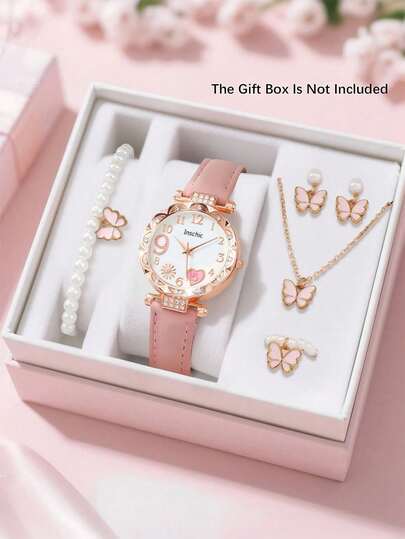 6/5pcs/Set Of Elegant And Fashionable Fireworks Heart-Shaped Quartz Watch Set Suitable For Girls To Wear. It Pairs Well With Butterfly Jewelry Necklaces, Bracelets, Rings, And Earrings, Making It Perfect For Daily Life Occasions Such As Returning To School, Gatherings, And Travel. It's A Birthday/Holiday Gift For Girls. The Perfect Gift For Girls During Graduation Season, Valentine's Day, And Christmas. Girl Accessories