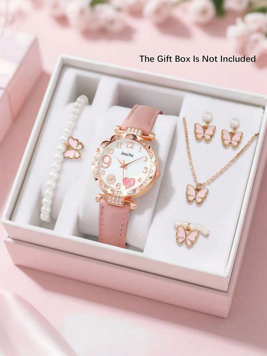 Conjunto de 6/5 piezas de relojes de cuarzo con forma de corazón y diseño de fuegos artificiales, elegante y de moda, adecuado para que las niñas lo usen. Combina bien con collares, pulseras, anillos y aretes con diseño de mariposa, perfecto para ocasiones de la vida diaria como volver a la escuela, reuniones y viajes. Es un regalo de cumpleaños/festividad para niñas. El regalo perfecto para niñas durante la temporada de graduación, el Día de San Valentín y Navidad. Accesorios para niñas - Multicolor - Ver 1