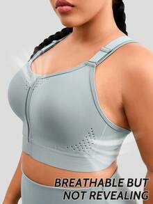 1pc Plus Size Women Sports Bra, Front Zipper Closure, Lift & Support, Casual Wear - Baby Blue - View 2