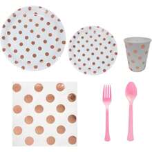 Vajilla Desechable Kit 10 u 8 personas Vasos Platos Pastel Cubiertos Servilletas Fiesta Cumpleaños Decoracion Ecologicos Reutilizables (Franjas Plata) - Lunares Rosa - Ver 1