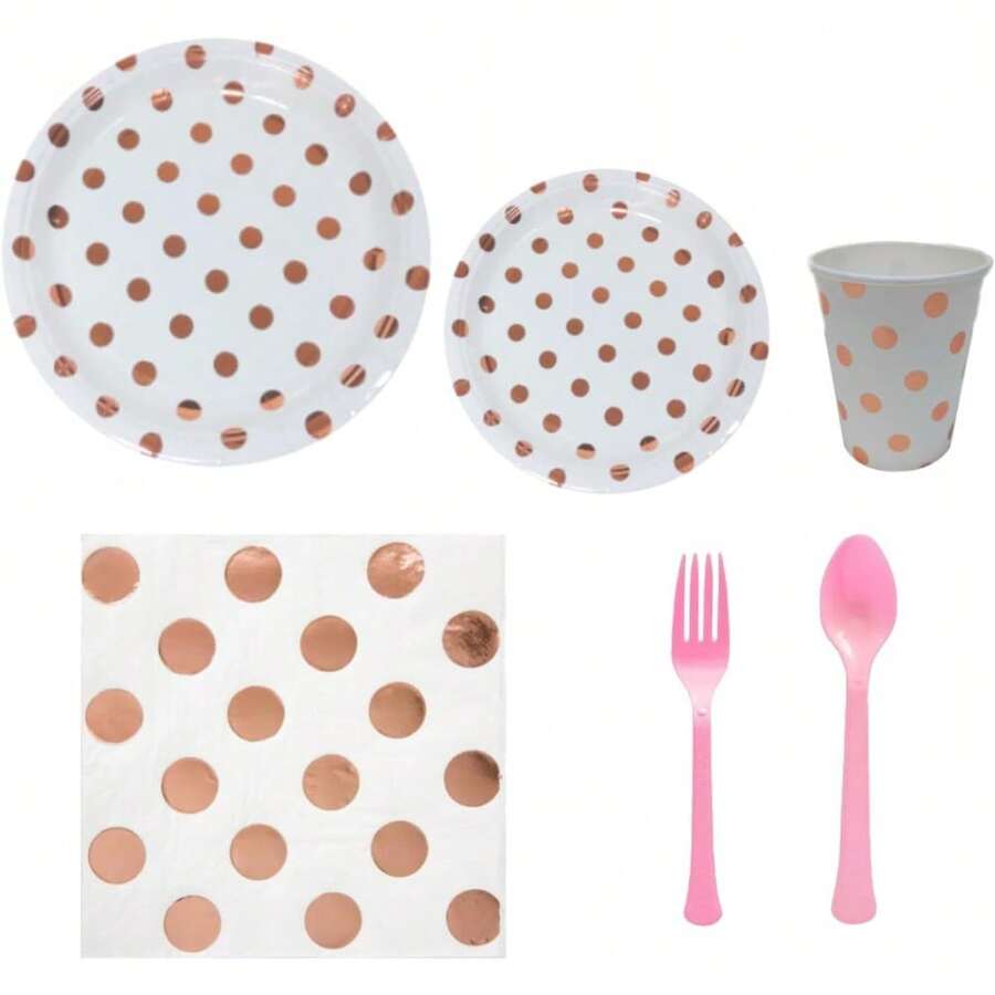 Vajilla Desechable Kit 10 u 8 personas Vasos Platos Pastel Cubiertos Servilletas Fiesta Cumpleaños Decoracion Ecologicos Reutilizables (Franjas Plata) - Lunares Rosa - Ver 1
