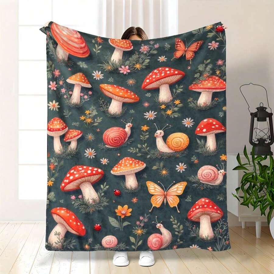 Cozy All-Season Soft Lightweight Flannel Throw Blanket With Snail & Mushroom Pattern - Red Contemporary Bedspread For Couch, Sofa, Bed - Machine Washable Bed Cover, Warm Decorative Accent For S &, Modern Home Decor In Red - 黑色 - 查看 1