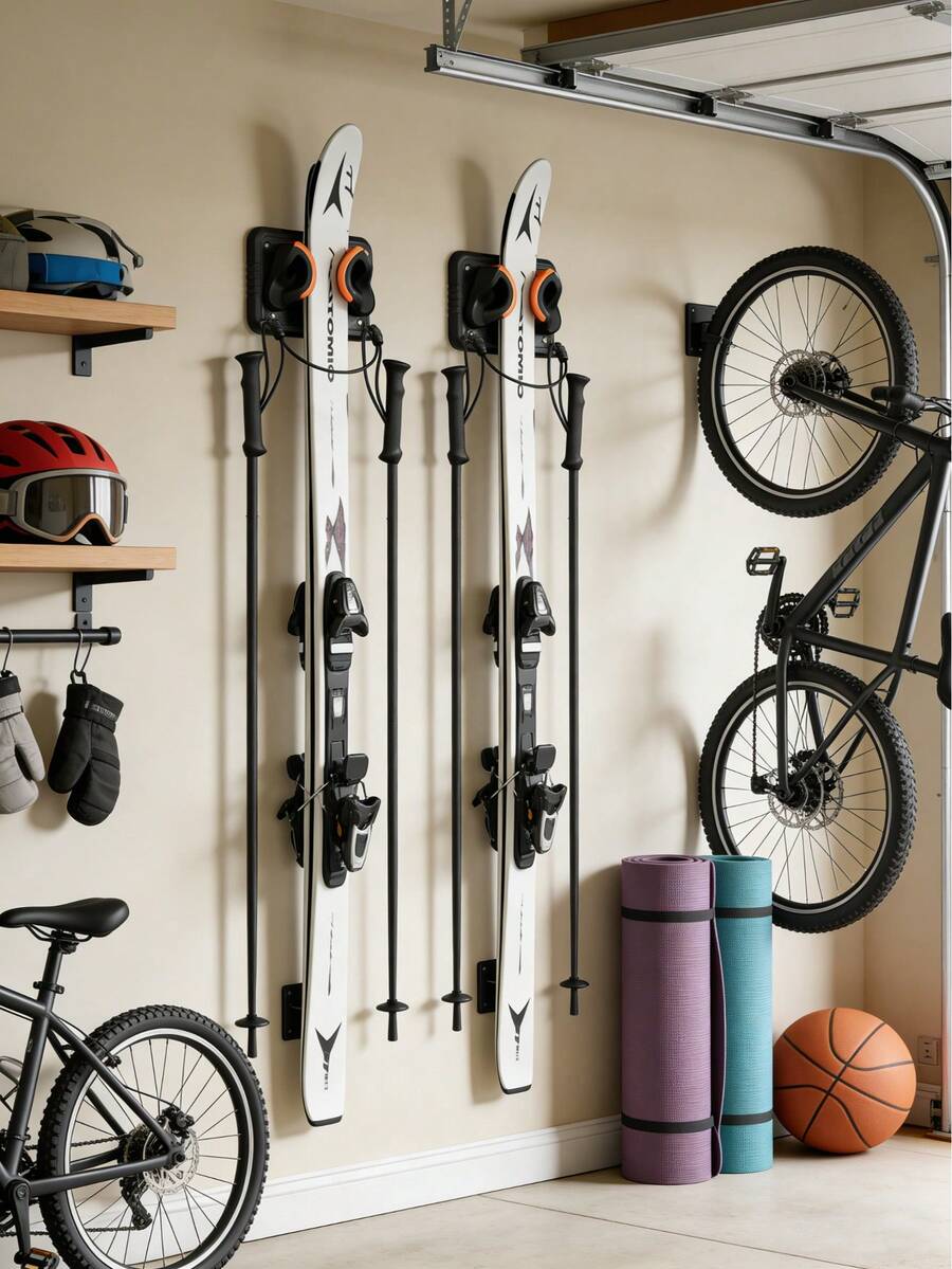 Ski Rack 2Pack, Ski/Snowboard Wall Mount, Skateboard Wall Mount, Fits Any Ski/Snowboard, Holds Up To 50lbs, Winter Gear Organizer, Vertical Ski Storage Rack For Home & Garage - Black and Orange - View 1