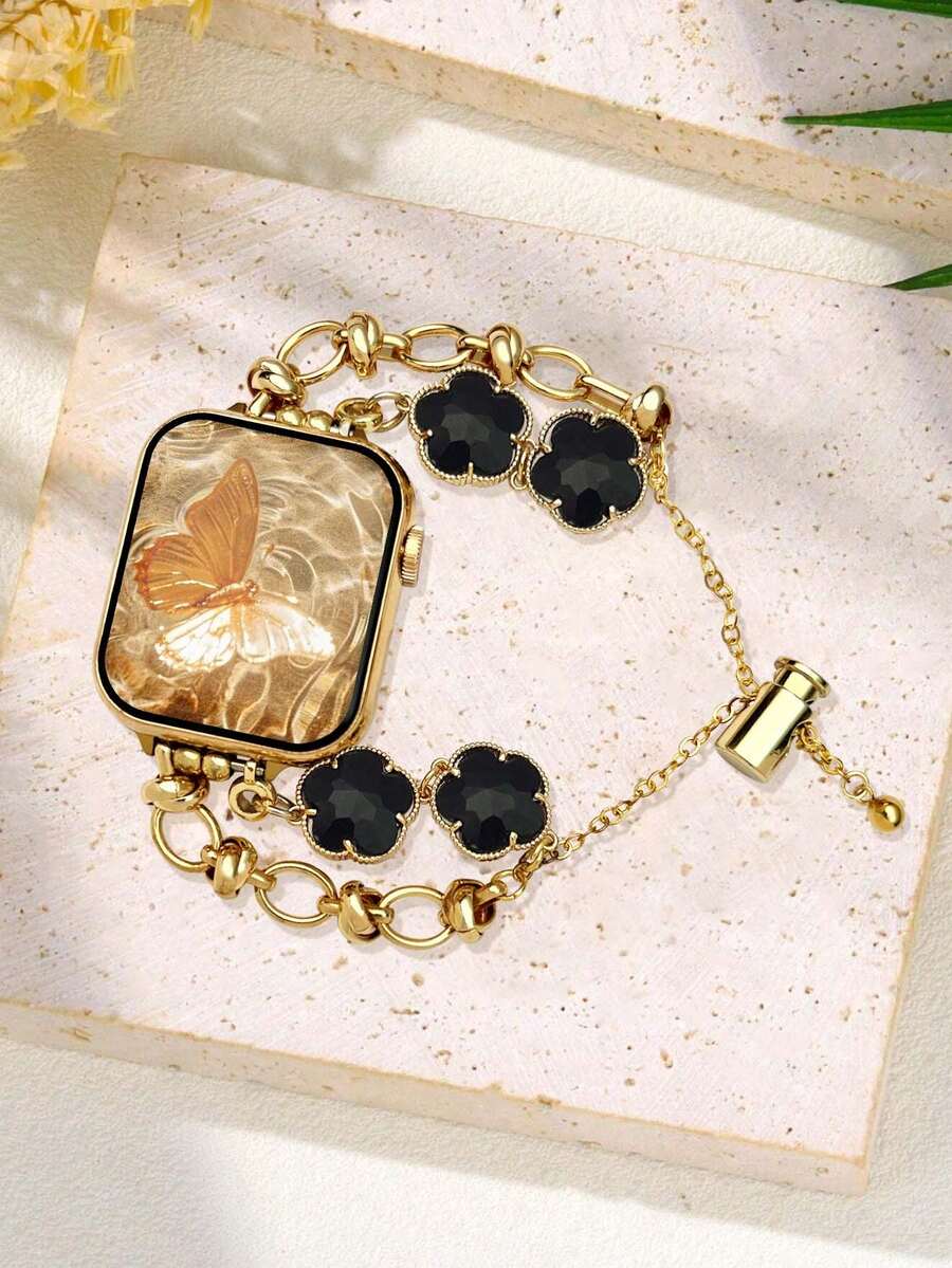 1 件兼容 女款奢华金色金属花饰手链表带适用于 Ultra2 1 SE S9/8/7/6/5/4/3/2/1，时尚年轻礼物，全球流行替换表带 38/40/41/42/44/45/49 毫米