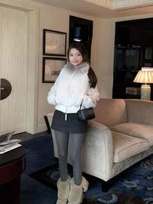 女士短款仿毛领抓绒外套，保暖翻领冬季大衣 - 白色 - 查看 2