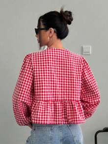 Blusa a cuadros rojos y blancos para mujer - Camisa casual retro linda con detalle de lazo, manga abullonada y bajo con volantes - Rojo - Ver 2
