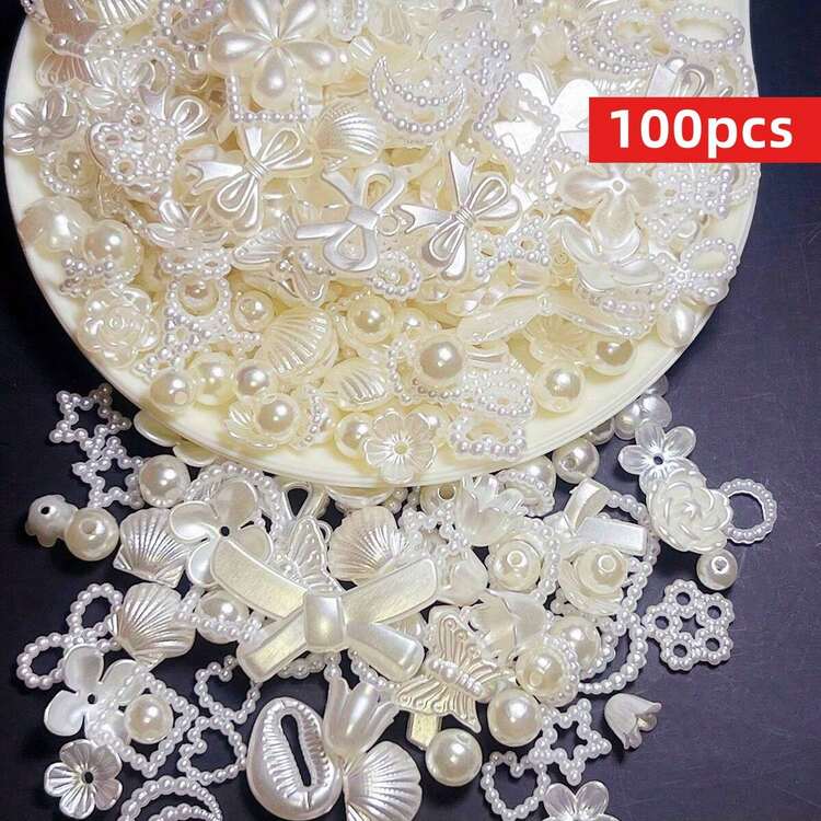 Yiwu Qiyou Accessories Co., LTD 100pcs/Pack 8-16mm White Spray Paint Asymmetric Shape Acrylic Faux Pearl, For DIY Bracelets, Necklaces, Phone Chains - White - View 1