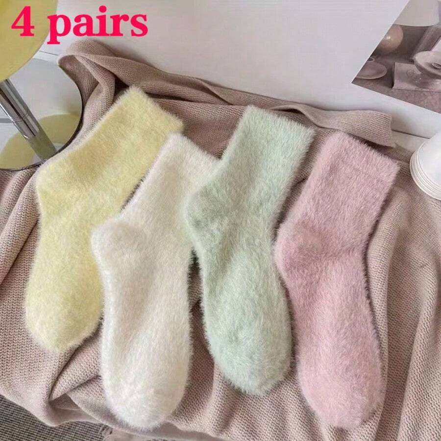 4 Pairs Fuzzy Socks For Women Cozy Fluffy Slipper Socks Soft Mink Velvet Cute Winter Warm Sleeping Christmas Gifts