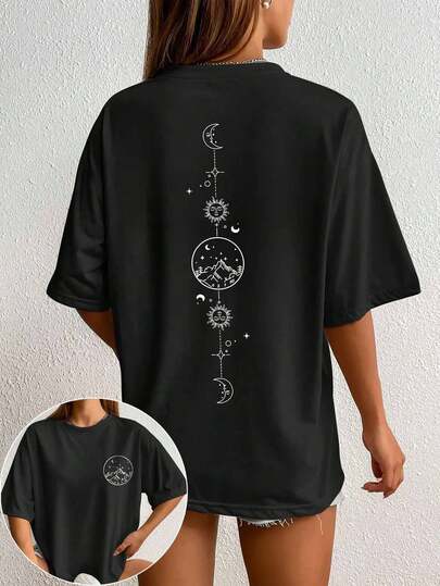 Camiseta de cuello redondo con estampado de luna y montaña, camiseta casual de manga corta, adecuada para usar en primavera y verano, ropa de mujer, adecuada para uso diario, salir, fiestas, escuela, asistir a festivales de música, vacaciones, ir y venir. Se puede regalar a familiares, novio, novia, amigos, ropa de verano para chicas