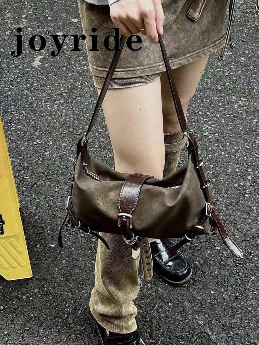 Y2K 法国小众腋下单肩包，金属饰面优质油性皮革闪亮骑行者时尚街头风格斜挎包 - 棕色 - 查看 1