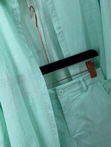 Linen Shirt And Shorts Set (2 Pieces) - Mint Green - View 3