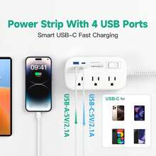 Waksmart Surge Protector Power Strip, Power Strip With USB C Ports, 6 AC Outlets And 4 USB Ports(2USB-C), 5FT Braided Extension Cord With Multiple Outlets For Home, Office, Living Room, Dorm Room 13A/1625W White - 查看 3