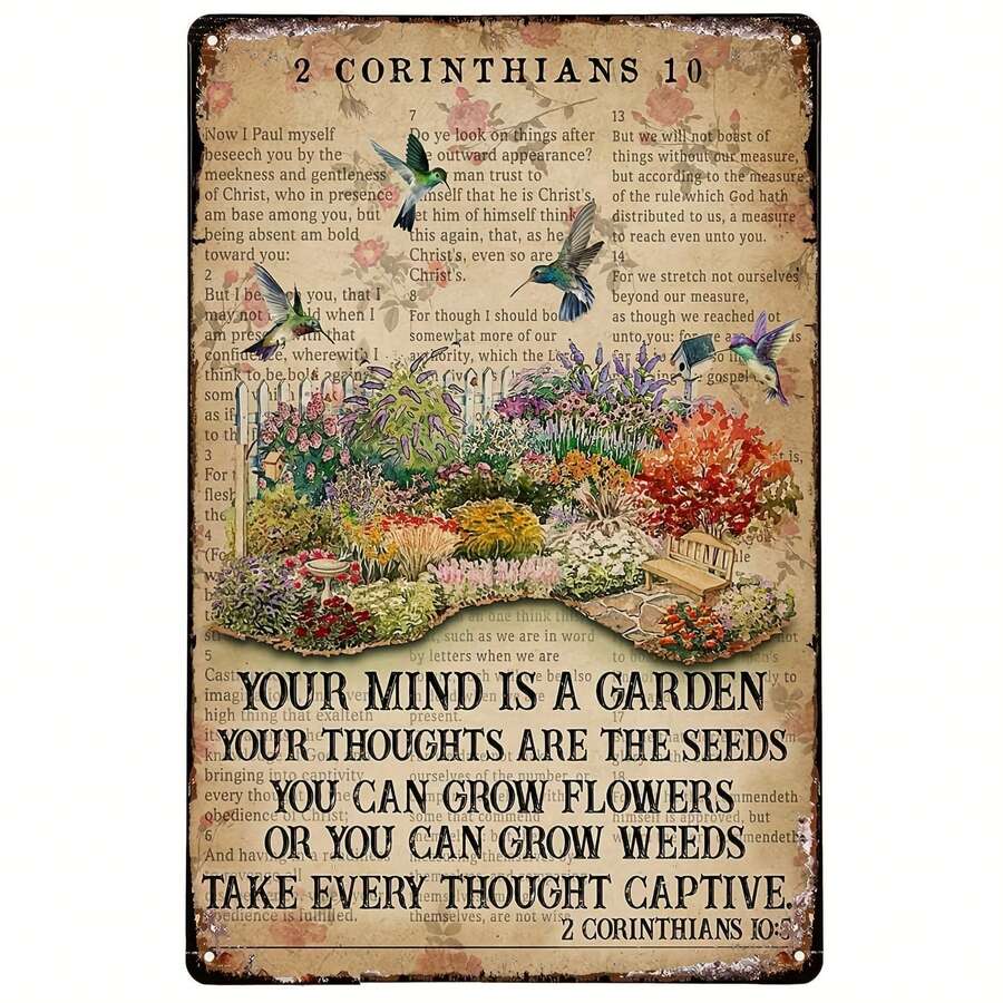 1 pieza, Letrero de metal vintage de estaño Biblia Tu mente es un jardín Arte de pared retro Pintura de hierro para decoración del hogar, cocina, cafetería, pub Placa (8''x12''/20cm*30cm), Arte de pared, Decoración de bar de café, Decoración de escena, Decoración del hogar.