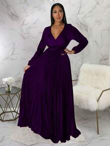 Đầm maxi nữ thanh lịch cổ chữ V, xếp ly, có thắt lưng, thích hợp cho mùa xuân. - Bold Plum - Xem 4