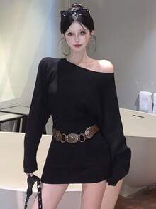 2025新款Y6Y性感露肩长袖毛衣连衣裙，配腰带，修身包臀连衣裙，适合秋季穿着，黑色 - 黑色 - 查看 4