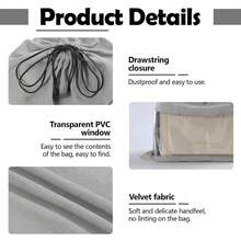 1pc Velvet Drawstring Pouch Bag Set, Dust Cover Bag With Transparent Window For Wallet, Shoes, Handbag Storage And Travel - Grey - View 4