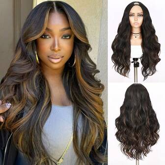 Peluca ondulada con forma de U, peluca ondulada degradada en marrón, extensiones de cabello con clip, peluca rizada sintética, peluca rizada y esponjosa, peluca negra ondulada y rizada, peluca ondulada de 28 pulgadas, peluca ondulada y rizada con forma de U mejorada, peluca ondulada de longitud completa, adecuada para uso diario o de fiesta de las mujeres