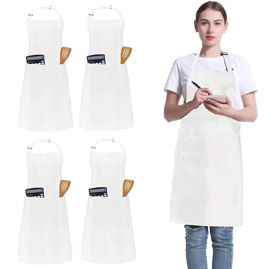 4 Pack Chef Apron, Adjustable Apron With 2 Pockets, Unisex Personalised Apron For CooFKing, Kitchen, Restaurant,White - Trắng - Xem 1
