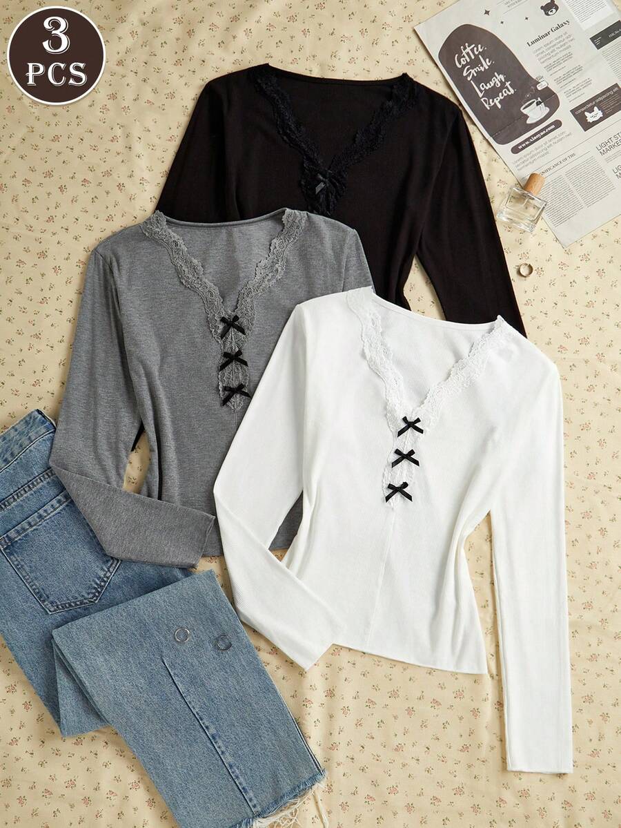 3pcs Slim Fit Sexy Lace V-Neck Ruffle Trim Women Long Sleeve Base Layer Tops - Multicolor - View 1