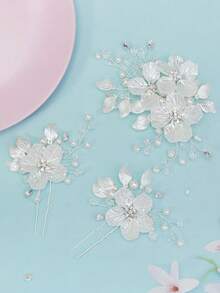 3件套 女士花朵水晶梅花发夹 新娘婚礼发饰 - 銀色 - 查看 5